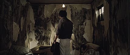 A screenshot from the film 'The Chaser' of a man standing in front of a wall with peeling wallpaper.