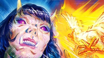 Keiji attacks a demon in Rooster Fighter.