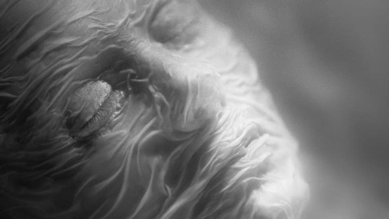 A black and white still from the film Else featuring a woman's face covered in a wet sheet