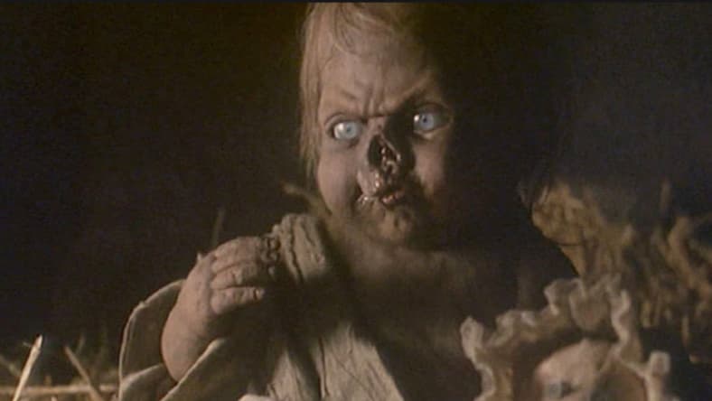 Baby Crypt Keeper cooing in Tales from the Crypt's "Lower Berth"