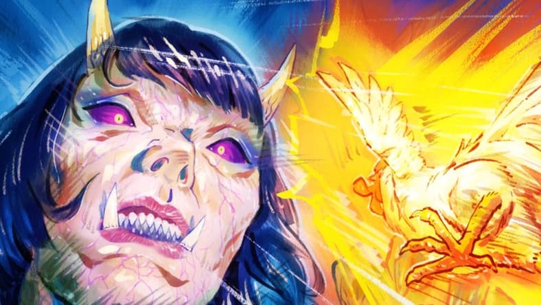 Keiji attacks a demon in Rooster Fighter.