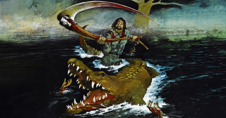 A painting of a swamp with a wild looking man swinging a sickle and an alligator with it's giant mouth open. A hand sticks up out of the water near the alligator.