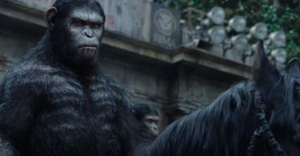 Caesar, the leader of the apes rides a top a black horse his face is stern and covered in war paint, crudely painted rib bones are streaked across his chest.