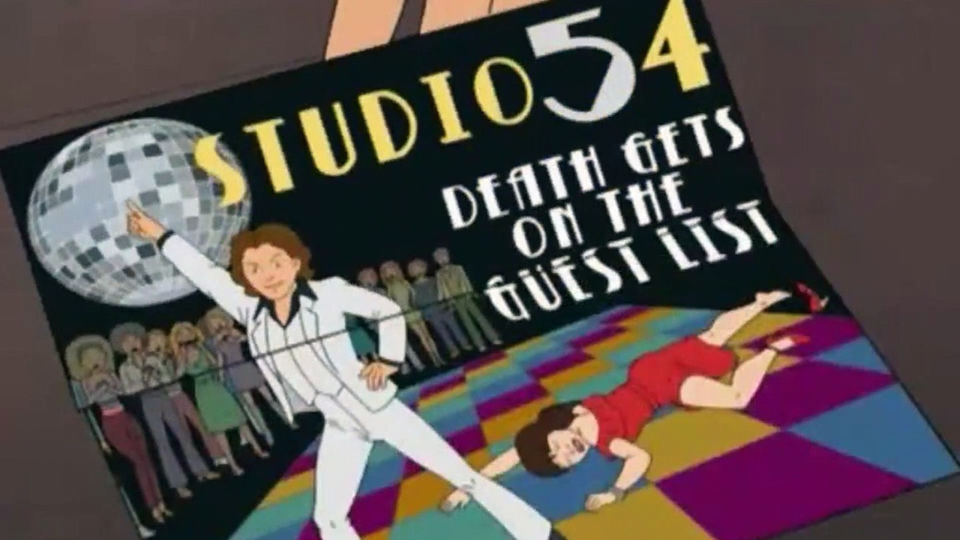 A still from the animated series King of the Hill featuring an invitation to an event called "Studio 54: Death Gets o the Guest List" with a man in a white suit pointing to the sky as he strikes a pose, a woman seemingly dead on the ground next to him and a crowd of people gawking behind him