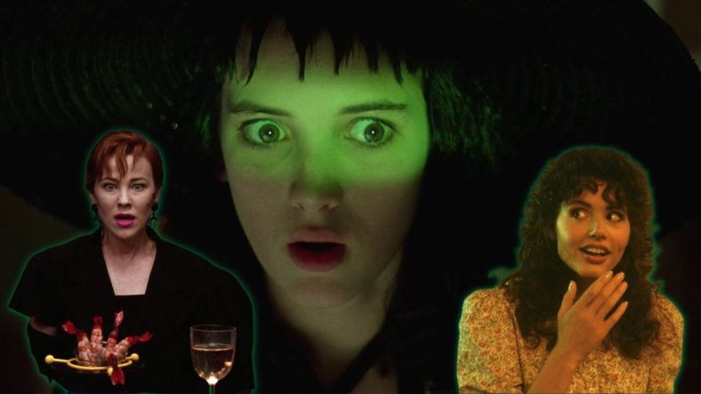A still of Winona Ryder as Lydia in the film Beetlejuice with images of Catherine O'Hara as Delia Deetz and Geena Davis as Barbara Maitland to her left and right, respectively