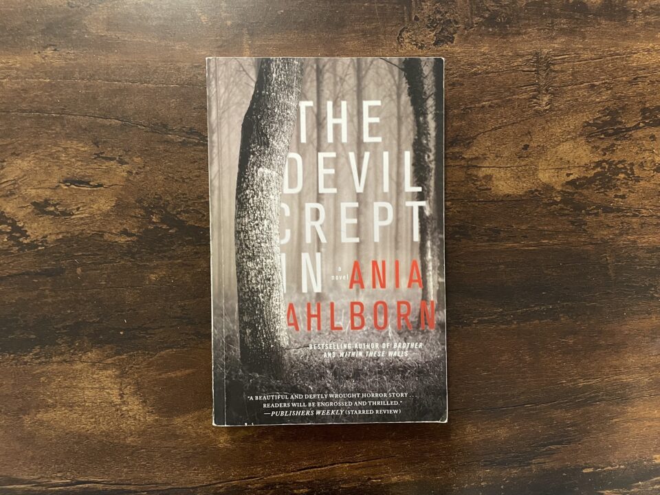 Paperback copy of the horror novel The Devil Crept In by Ania Ahlborn