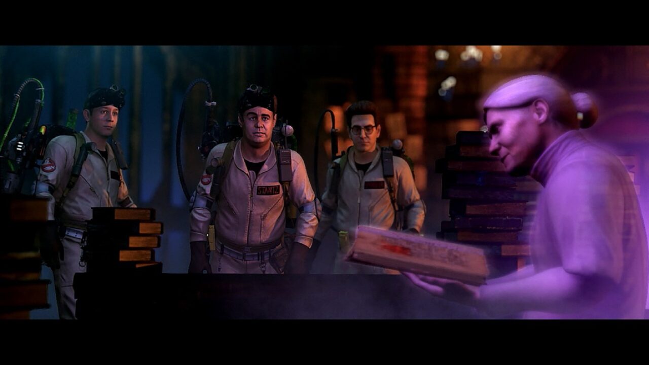 Ghostbusters Video Game - A ghostly old woman walks by three shocked ghostbusters. She is holding a pizza.
