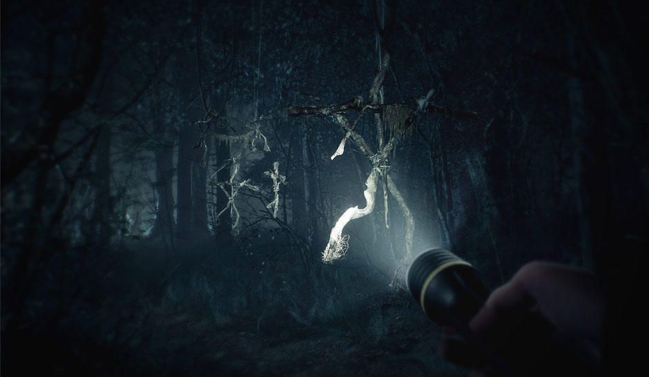 A dark and creepy forest surrounds you as your flashlight illuminates a series of stick men hanging from the creepy trees.