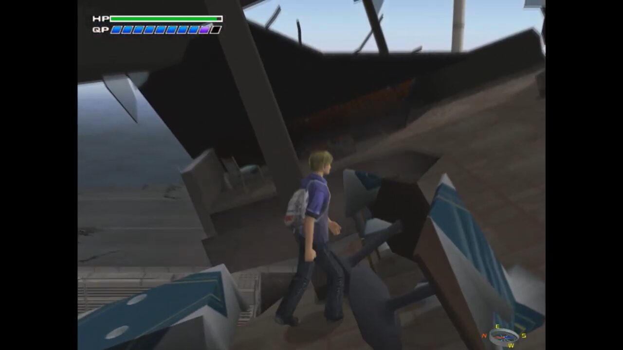 A man walks around tables in a crumbing restaurant