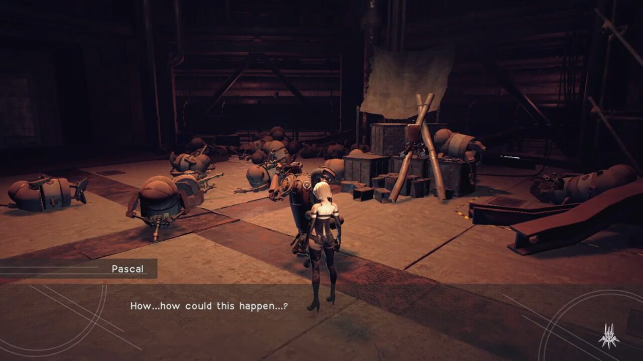 Nier Automata - A robot looks on in horror at a room filled with dead machines