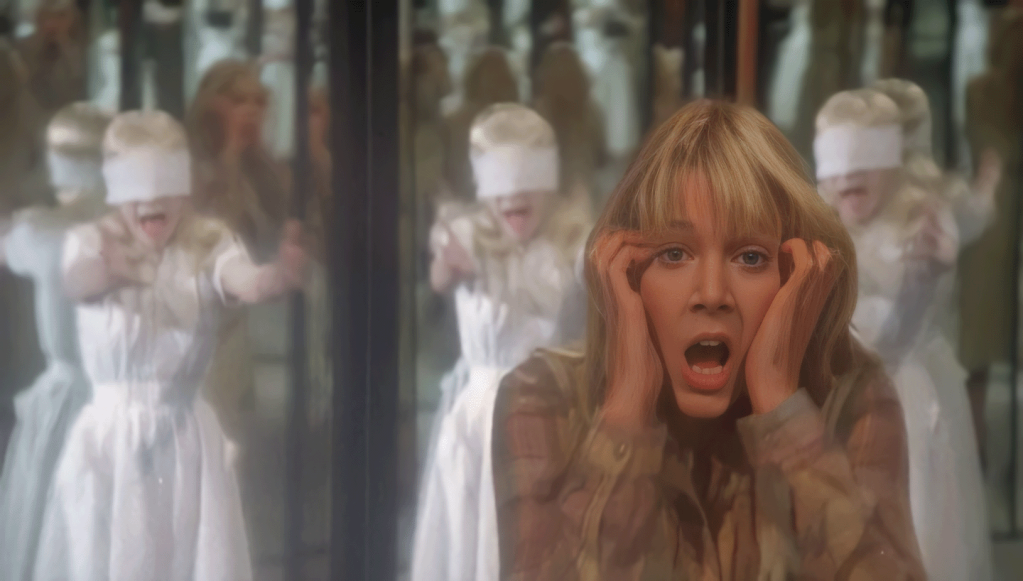 A screaming woman trapped in a hall of mirrors is haunted by the image of three blindfolded children in white dresses.