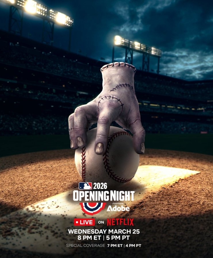 Thing is taking the mound. 🖐️⚾️

From Wednesday to first pitch—don’t miss Thing throwing out the ceremonial opener before Yankees vs. Giants.

MLB #OpeningNight streams LIVE on Netflix March 25.
Wednesday S1–2 now playing.
