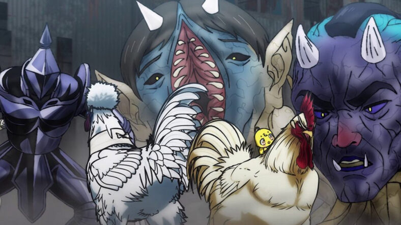 Keiji takes on a pack of demons in Rooster Fighter.